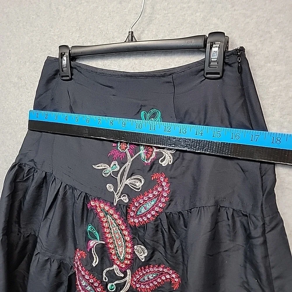 CAROLE LITTLE Silk Midi Skirt Black Embroidered Beaded Tiered Ruffle Size 6 Boho